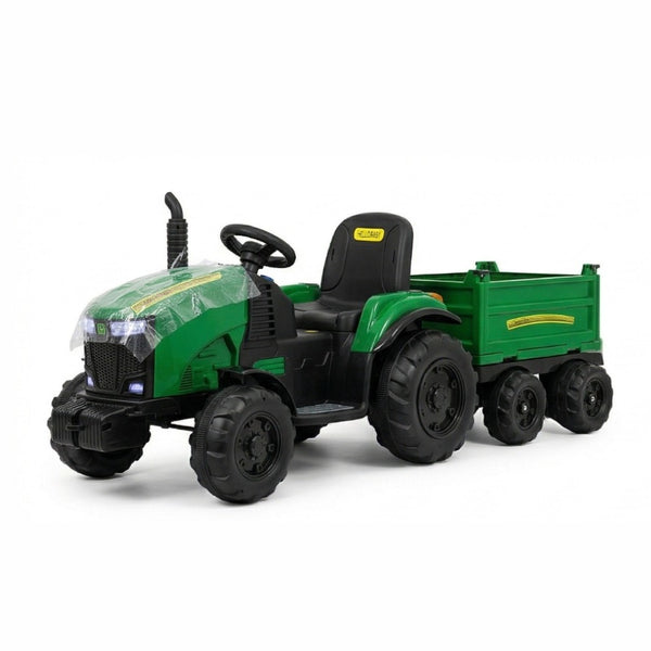 John Deere Style Electric Ride-On Tractor – 12V Battery Powered Toy with Double Detachable Trailers