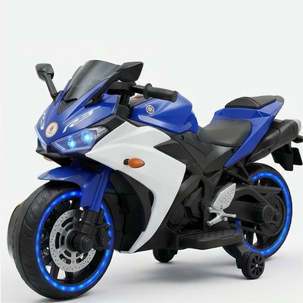 Super R3 Bike Blue – Electric Ride-On Superbike with Neon LED Wheel Lights