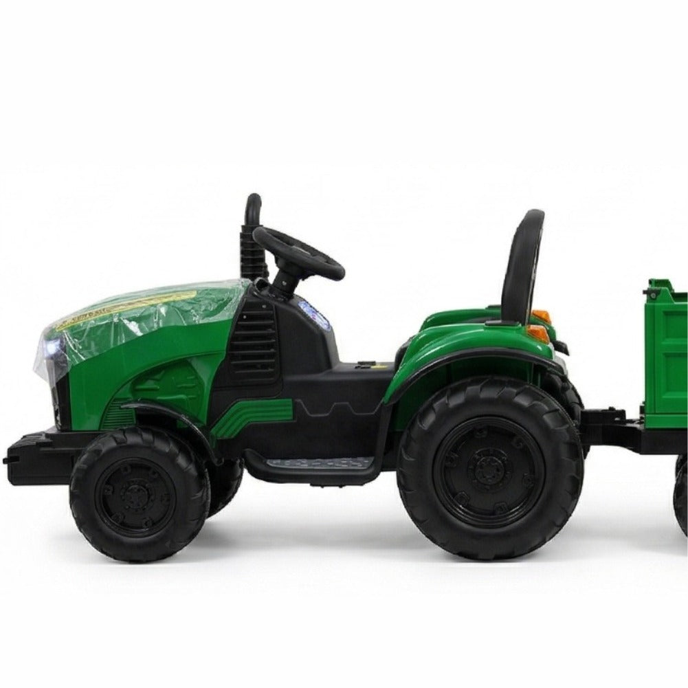 John Deere Style Electric Ride-On Tractor – 12V Battery Powered Toy with Double Detachable Trailers
